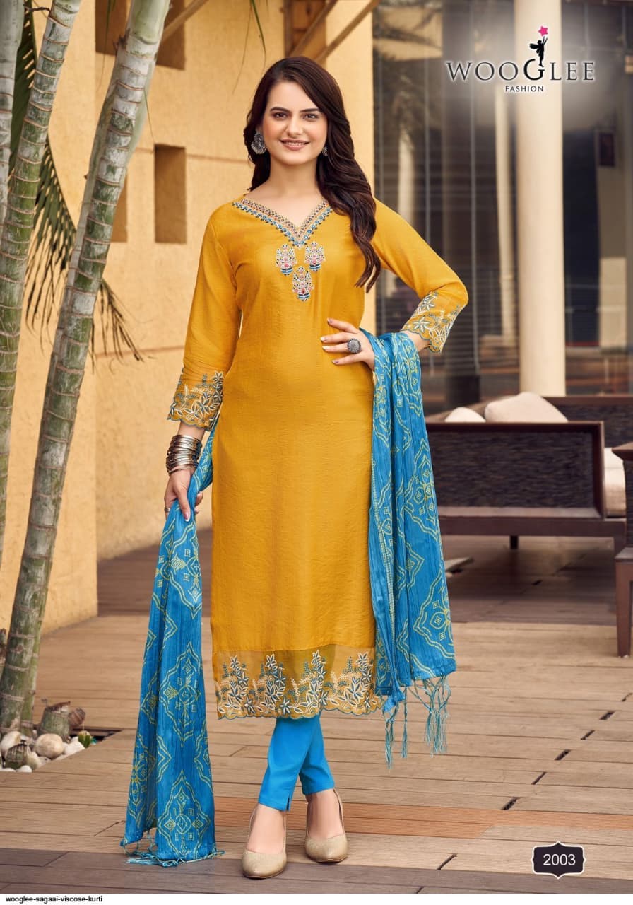 ORANGE WITH BLUE COMBINATION IN KURTIS