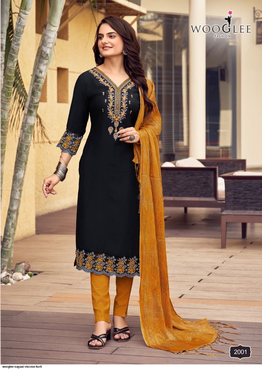 DESIGNALBLE ORANGE BLACK COMBINATION WITH BLACK KURTIS